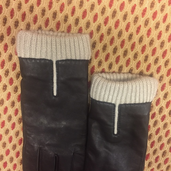 Ladies Gloves, genuine leather, brown with beige knitting trim,, size 7 1/2 - Picture 7 of 9